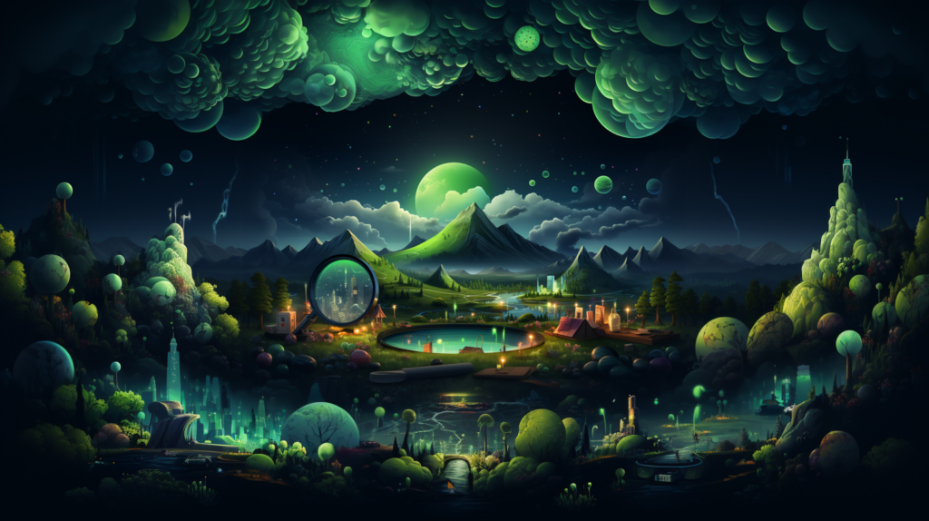 Illustration einer großen Lupe an einem kleinen See im Grünen. Scien Fiction Stil mit Mond und Bergen im Hintergrund.