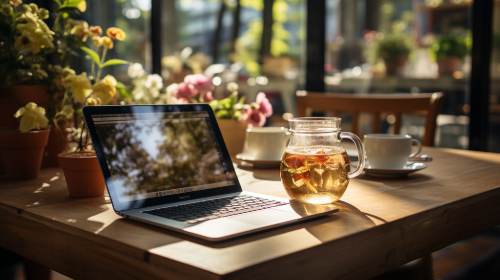 Laptop auf einem Tisch mit Tee und Kaffee