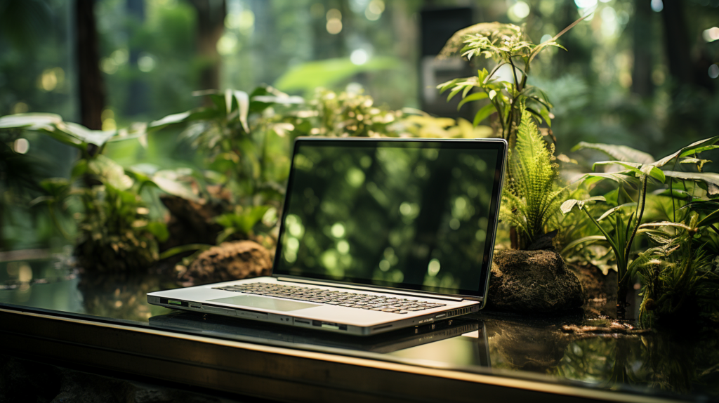 laptop im botanischen garten